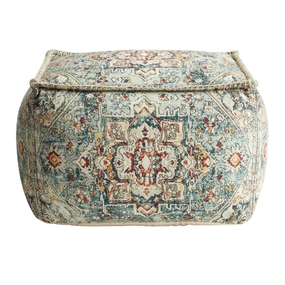 World Market Rectangular Blue Floral Carpet Print Pouf 2 World Market Rectangular Blue Floral Carpet Print Pouf - Image 2