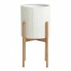 World Market White Leaf Planter With Pinewood Stand