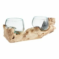 World Market Natural Driftwood and Blown Glass Double Bowl Decor