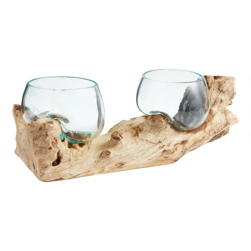 World Market Natural Driftwood and Blown Glass Double Bowl Decor 1 World Market Natural Driftwood and Blown Glass Double Bowl Decor