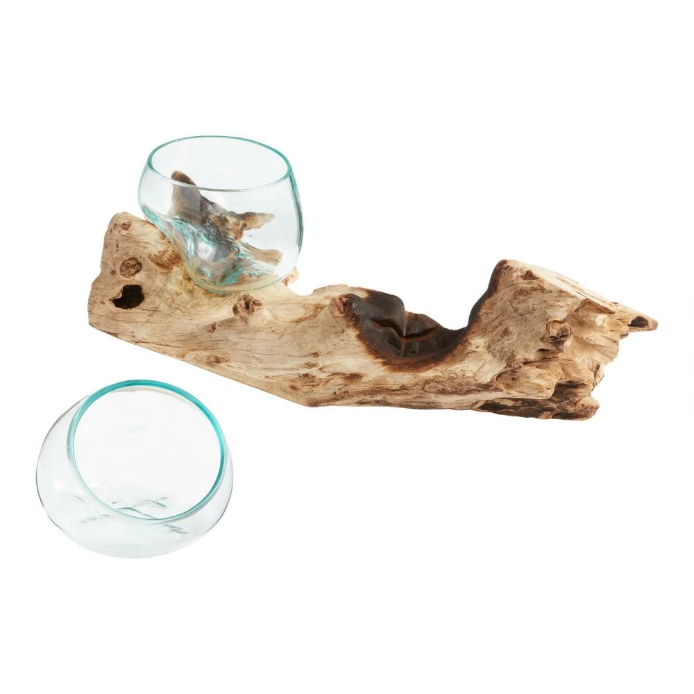World Market Natural Driftwood and Blown Glass Double Bowl Decor 2 World Market Natural Driftwood and Blown Glass Double Bowl Decor - Image 2