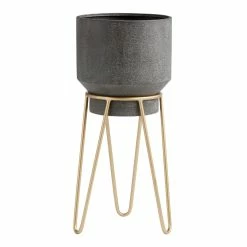 World Market Tapered Black Metal Planter With Gold Hairpin Stand