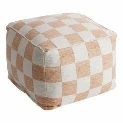 World Market Square Ivory And Rust Checkered Pouf