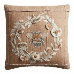 World Market Taupe Embroidered Bee Throw Pillow