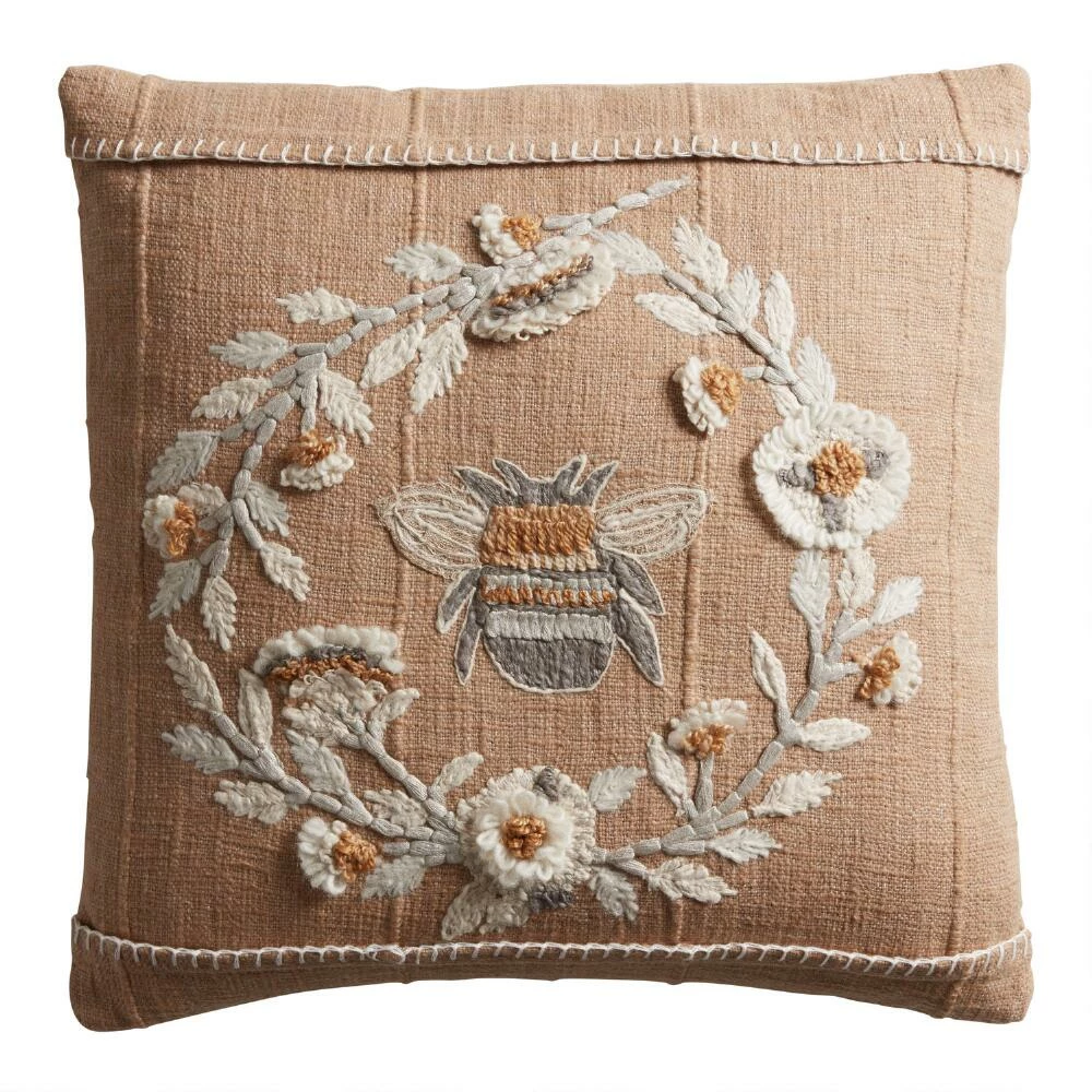 World Market Taupe Embroidered Bee Throw Pillow 1 World Market Taupe Embroidered Bee Throw Pillow