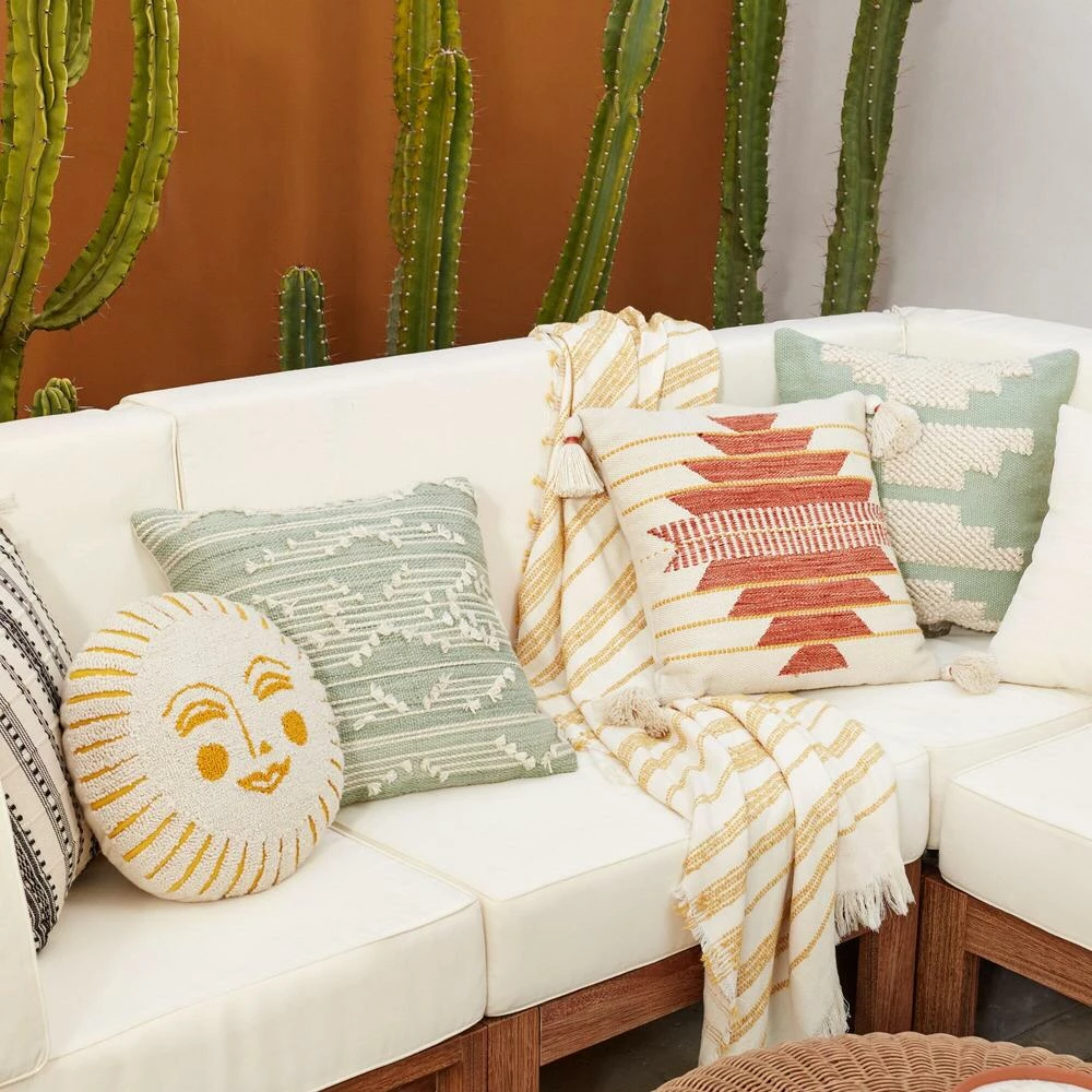 World Market Round Ivory Tufted Sun Face Indoor Outdoor Throw Pillow 2 World Market Round Ivory Tufted Sun Face Indoor Outdoor Throw Pillow - Image 2