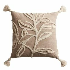 World Market Natural Embroidered Leaf Throw Pillow
