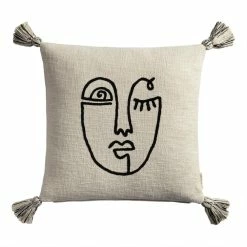 World Market Ivory Embroidered Abstract Face Throw Pillow