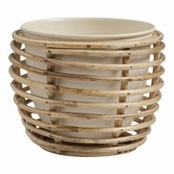 World Market Ivory Metal Planter with Rattan Cane Stand