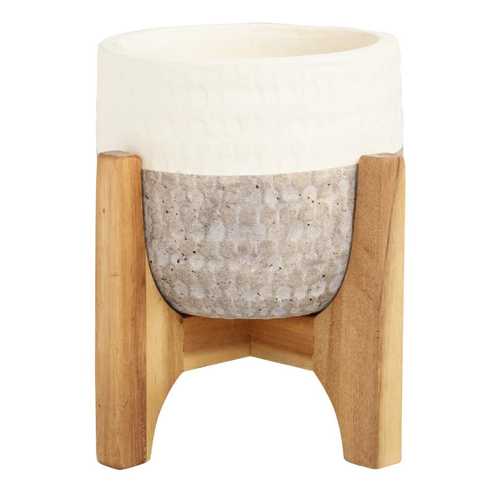 World Market Ivory And Gray Two Tone Ceramic Planter With Wood Stand 2 World Market Ivory And Gray Two Tone Ceramic Planter With Wood Stand - Image 2