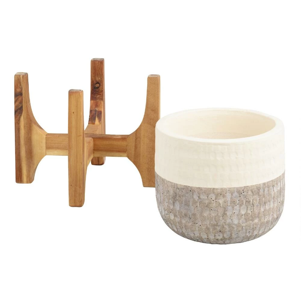 World Market Ivory And Gray Two Tone Ceramic Planter With Wood Stand 3 World Market Ivory And Gray Two Tone Ceramic Planter With Wood Stand - Image 3