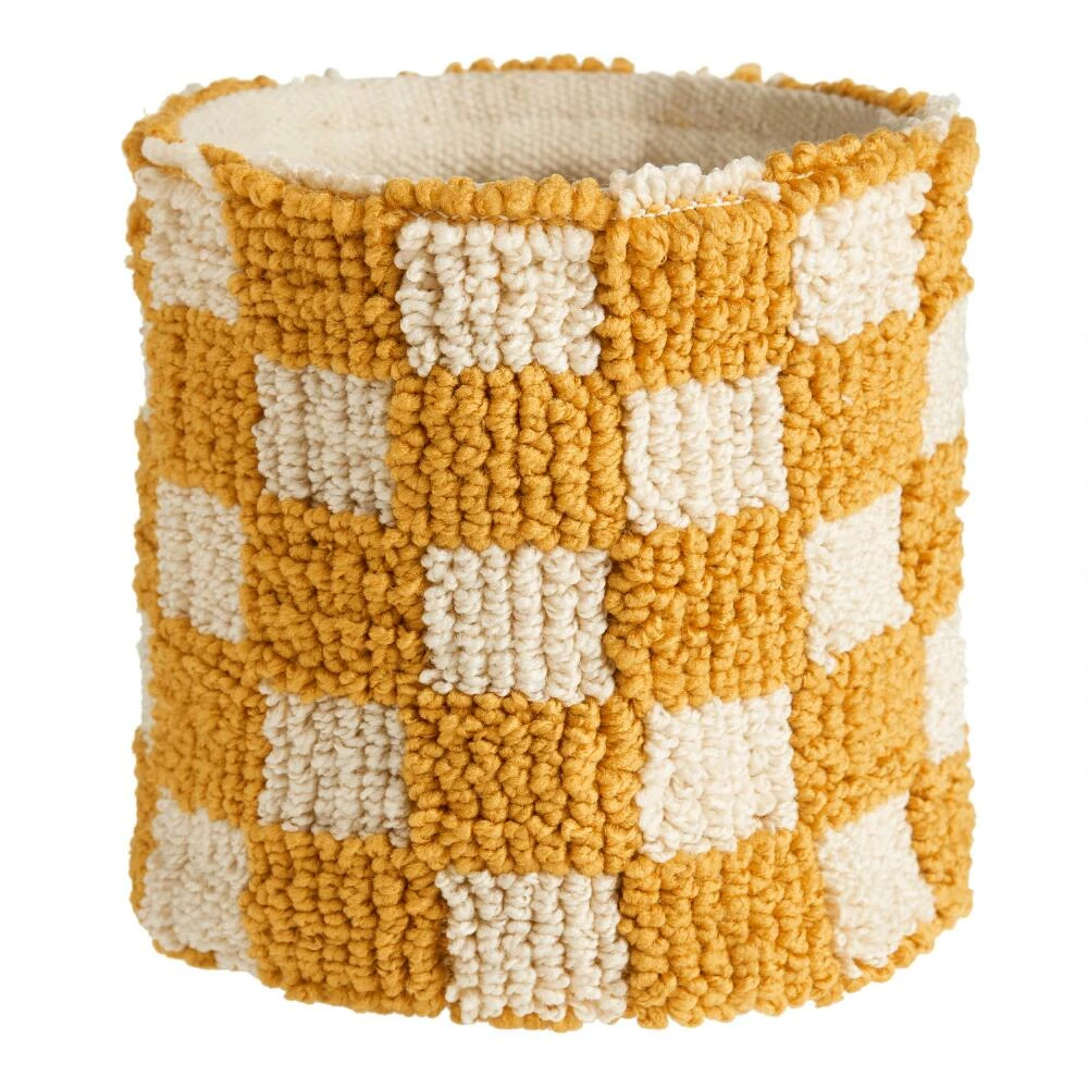 World Market Mustard Checkered Textile Planter Pot Cover 1 World Market Mustard Checkered Textile Planter Pot Cover
