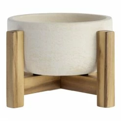 World Market White Ceramic Planter With Wood Stand