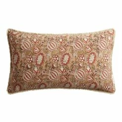 World Market Coral And Red Floral Jaipur Block Print Lumbar Pillow