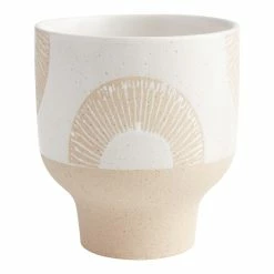 World Market Natural and White Circle Ceramic Pedestal Planter