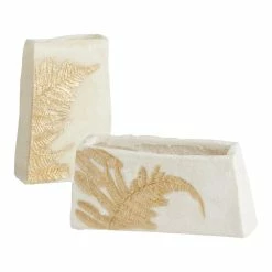 World Market White and Gold Resin Embossed Fern Vase
