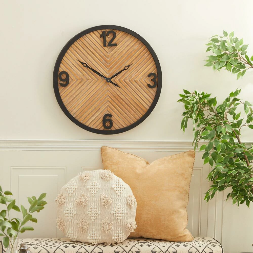 World Market Light Brown Wood and Black Metal Industrial Wall Clock 2 World Market Light Brown Wood and Black Metal Industrial Wall Clock - Image 2