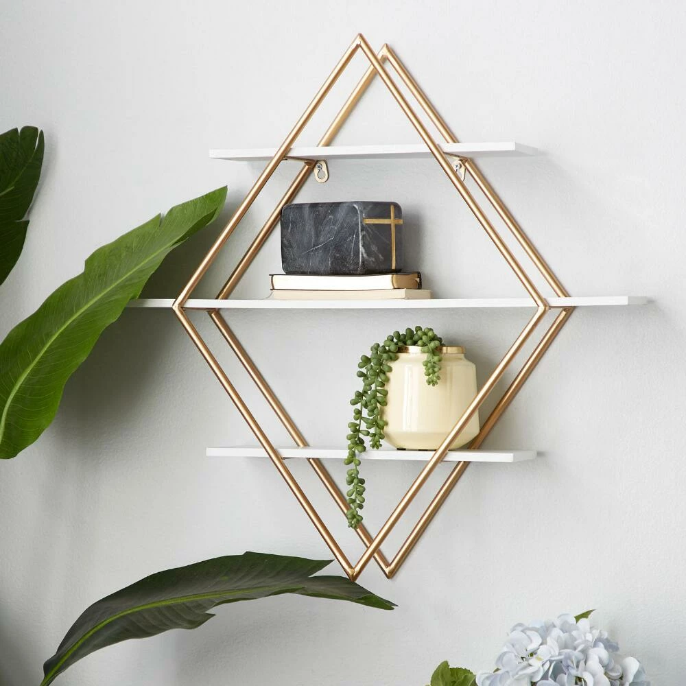 World Market White And Gold Diamond 3 Tier Wall Shelf 2 World Market White And Gold Diamond 3 Tier Wall Shelf - Image 2