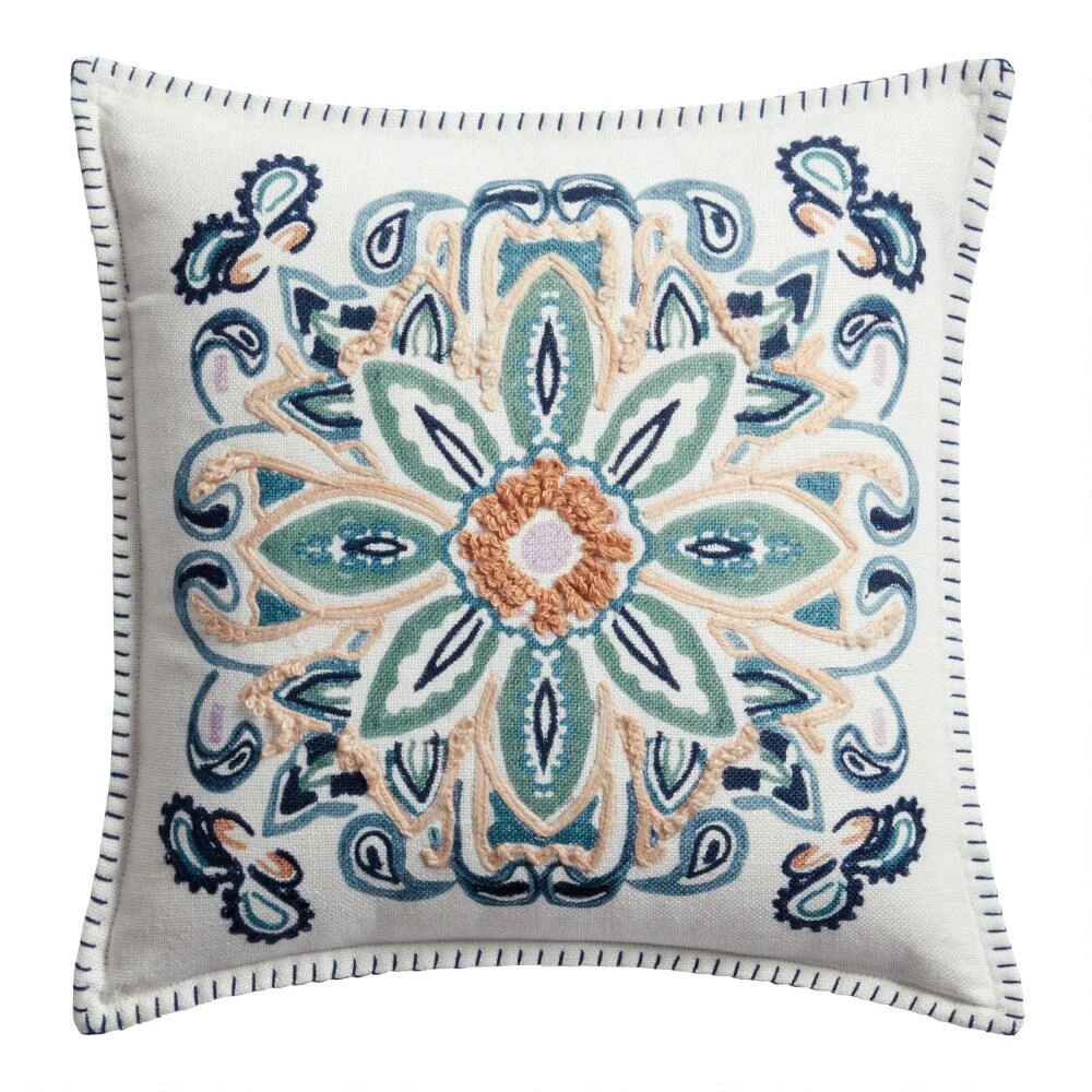 World Market Amalfi Medallion Ivory and Blue Indoor Outdoor Throw Pillow 1 World Market Amalfi Medallion Ivory and Blue Indoor Outdoor Throw Pillow