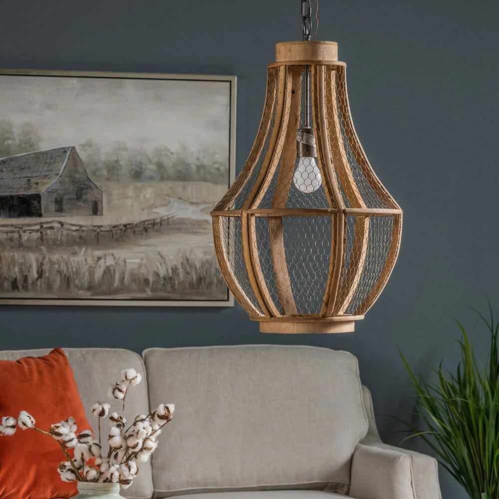 World Market Denning Rustic Brown Wood And Wire Teardrop Pendant Lamp 3 World Market Denning Rustic Brown Wood And Wire Teardrop Pendant Lamp - Image 3