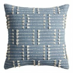 World Market Light Blue and Ivory Fringe Line Throw Pillow