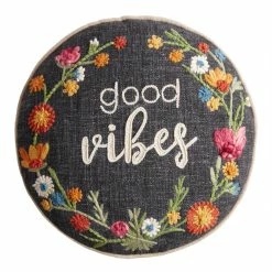 World Market Round Dark Indigo Embroidered Good Vibes Throw Pillow
