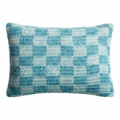 World Market Aqua Crocheted Check Indoor Outdoor Lumbar Pillow
