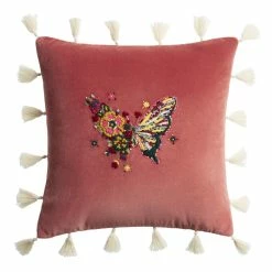 World Market Coral Velvet Beaded Embroidered Butterfly Throw Pillow