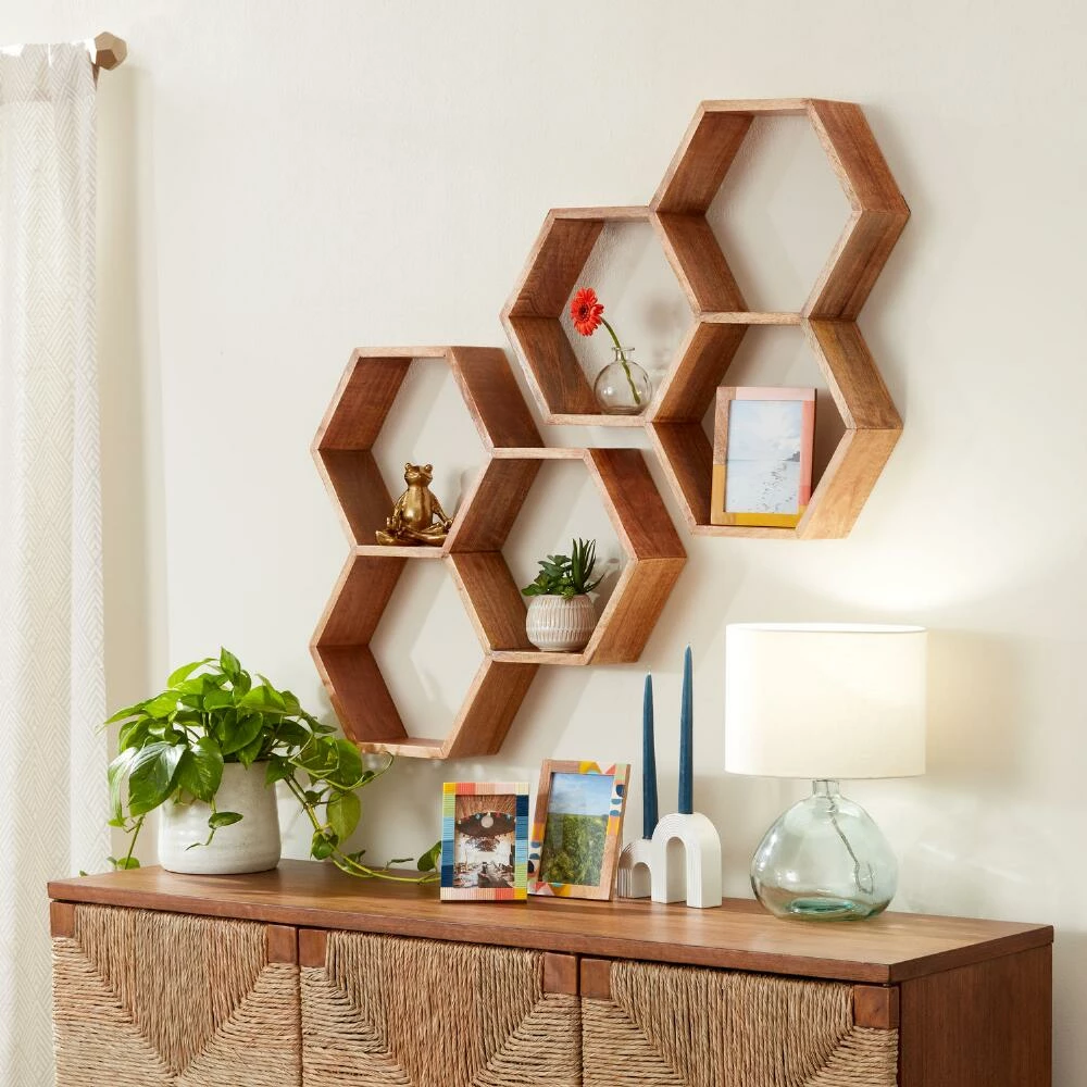 World Market Mango Wood Honeycomb Wall Shelf 2 World Market Mango Wood Honeycomb Wall Shelf - Image 2